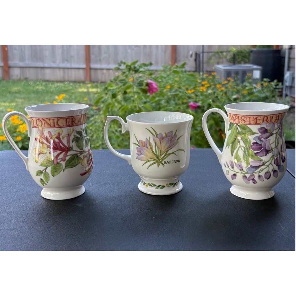 Roy Kirkham Royal Burlington Bone China Mugs England Saffron Wisteria 3pc Set